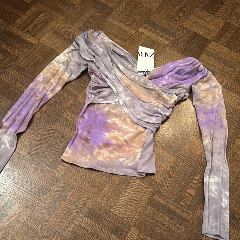 Zara Purple and beige Tie-Dye rushed off shoulder top size M